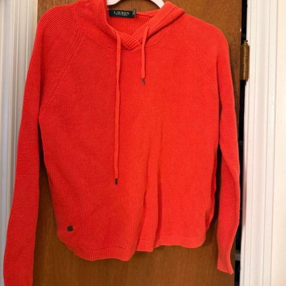 Lauren Ralph Lauren cropped orange / red waffle knit cozy fall hoodie XL